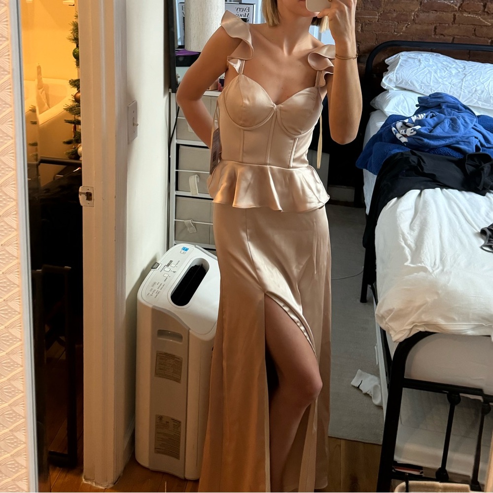 Revelry Piper Satin Dress in gold champagne